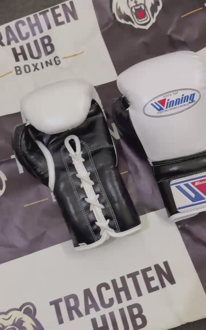 Custom Handmade White Black Boxing Gloves - Winning - 100% Cow Leather • Custom Name Print