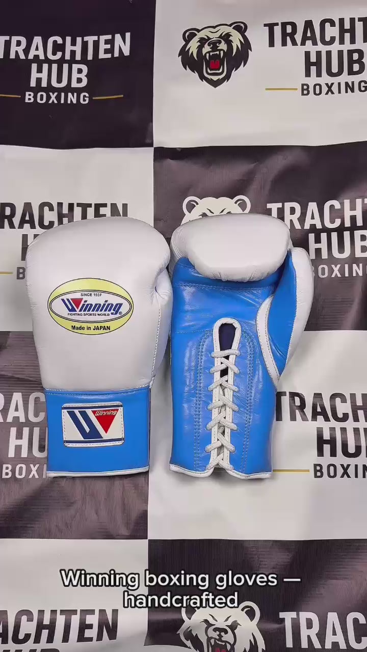 Custom Handmade White Blue Boxing Gloves - Winning - 100% Cow Leather • Custom Name Print