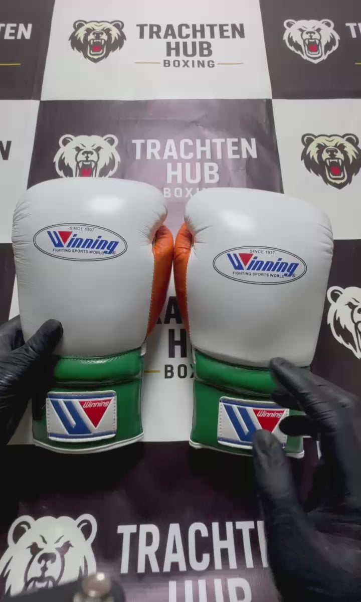 Custom Handmade White Orange Green Boxing Gloves - Winning - 100% Cow Leather • Custom Name Print