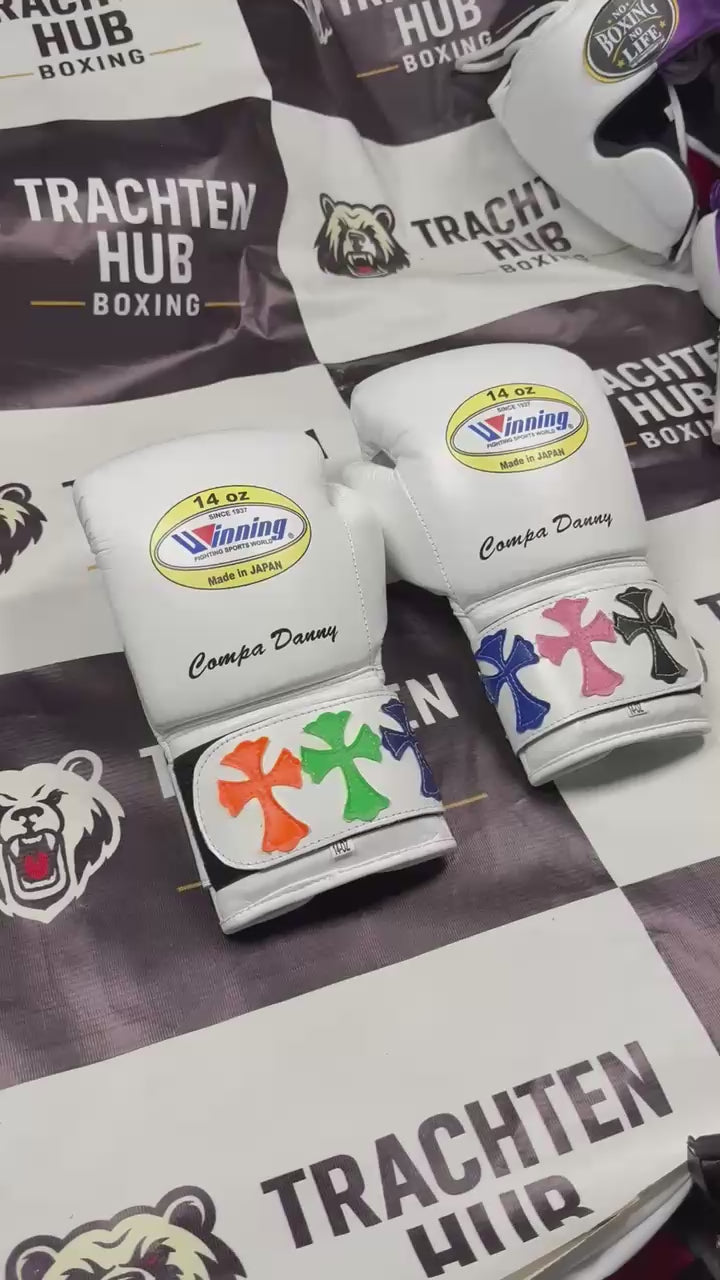 Custom Handmade White Chrome heart Boxing Gloves - Winning - 100% Cow Leather • Custom Name Print