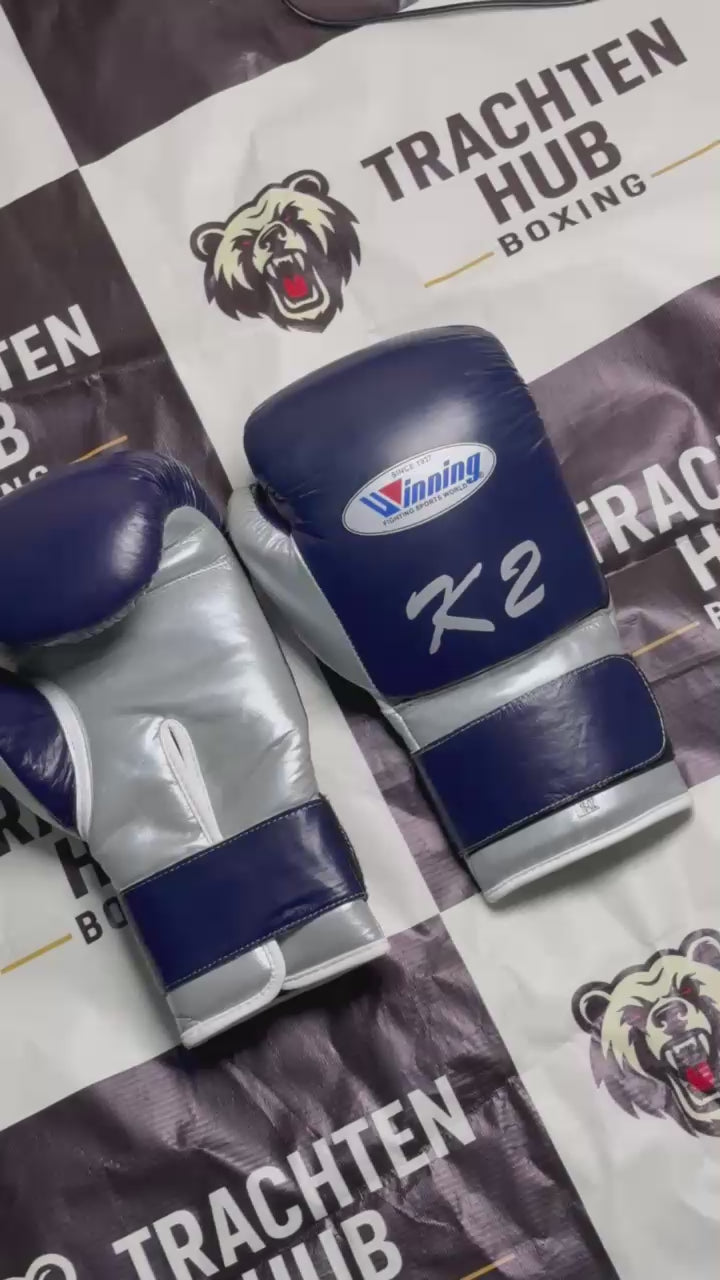 Custom Handmade Blue Silver Boxing Gloves - Winning - 100% Cow Leather • Custom Name Print