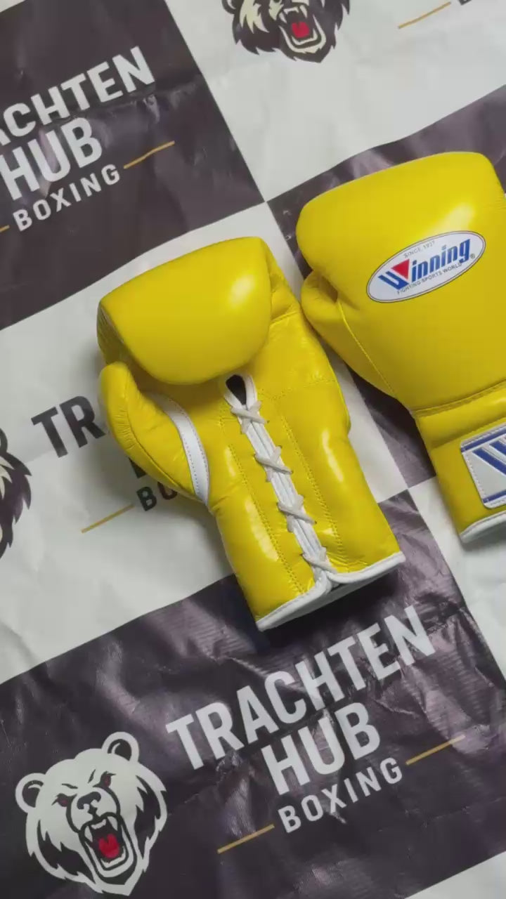 Custom Handmade Yellow Boxing Gloves - Winning - 100% Cow Leather • Custom Name Print