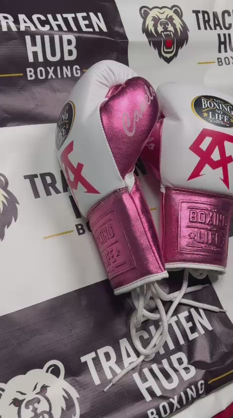 Custom Handmade White Pink Boxing Gloves - NBNL- 100% Cow Leather • Custom Name Print