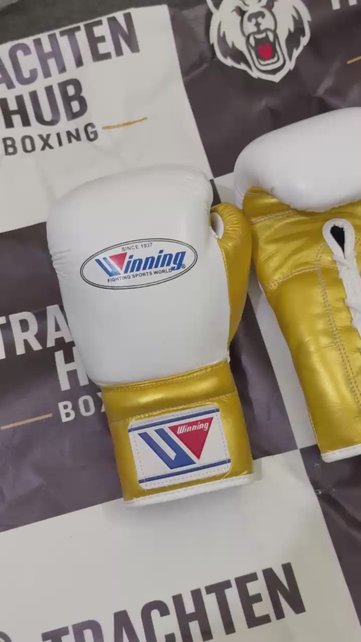 Custom Handmade White Gold Boxing Gloves - Winning - 100% Cow Leather • Custom Name Print