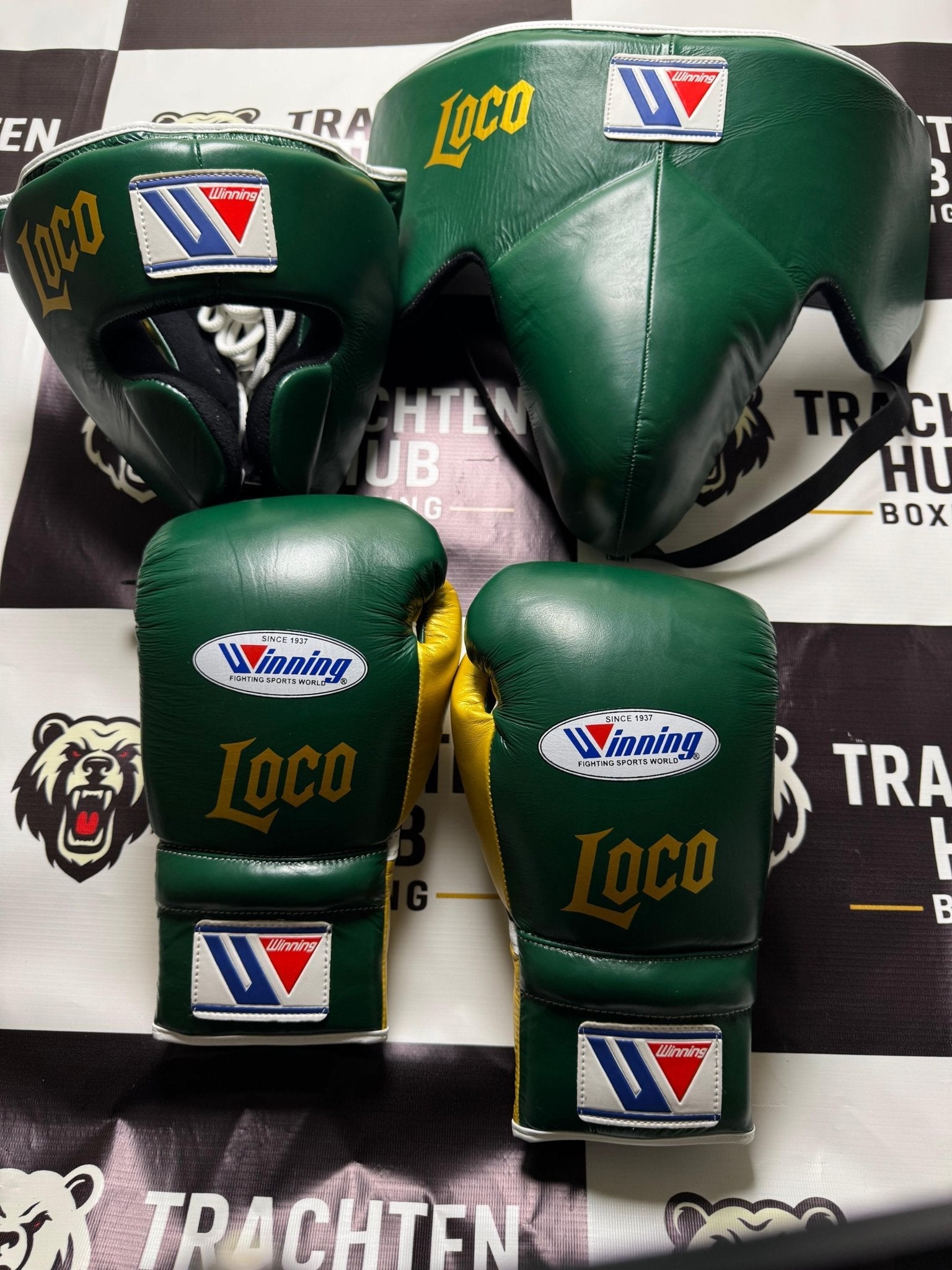 Winning 3 - in - 1 Pro Boxing Kit | Green Gold New | | Handmade Boxing Gear by TRACHTEN HUB