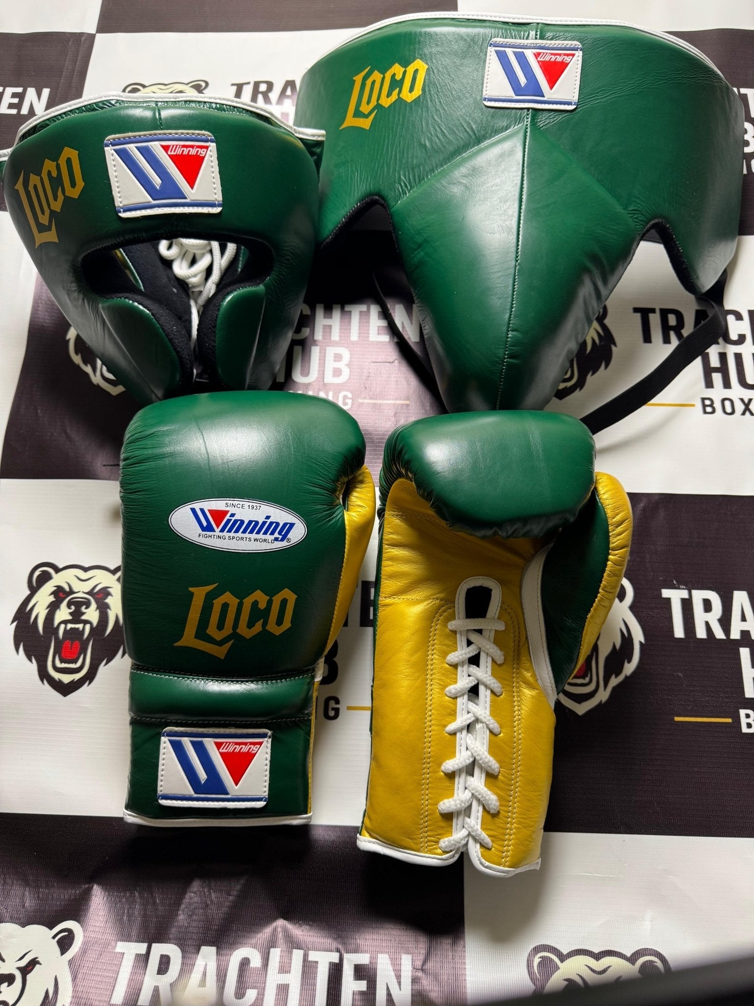 Winning 3 - in - 1 Pro Boxing Kit | Green Gold New | | Handmade Boxing Gear by TRACHTEN HUB